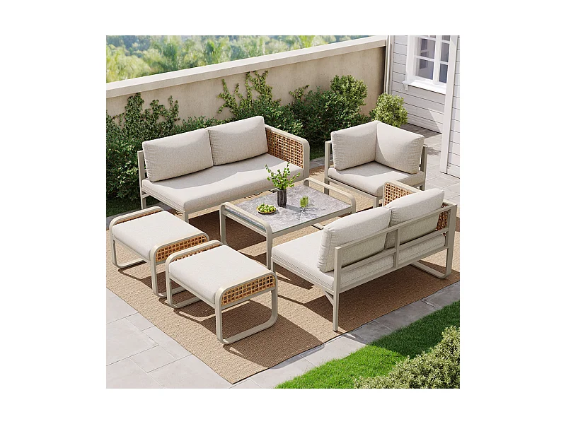Giardino in metallo per 6-7 persone: Divano angolare + tavolino + 2 sgabelli, piedi regolabili, Beige