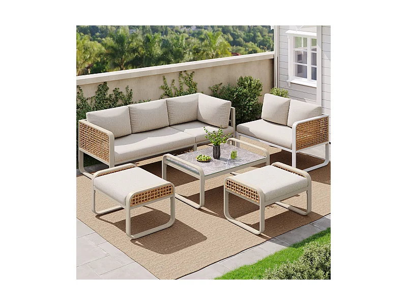 Giardino in metallo per 6-7 persone: Divano angolare + tavolino + 2 sgabelli, piedi regolabili, Beige