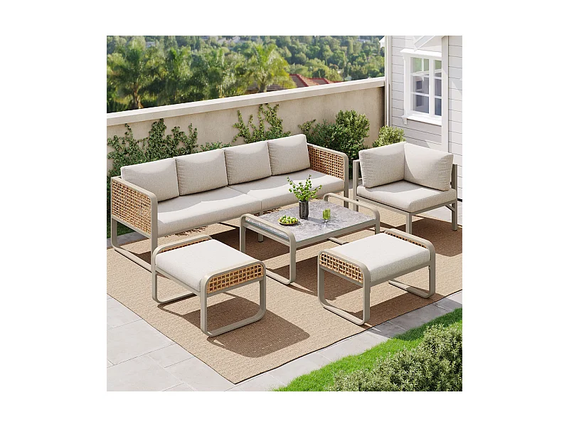 Giardino in metallo per 6-7 persone: Divano angolare + tavolino + 2 sgabelli, piedi regolabili, Beige