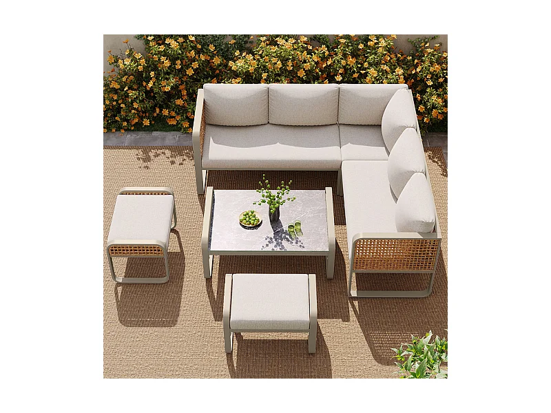 Giardino in metallo per 6-7 persone: Divano angolare + tavolino + 2 sgabelli, piedi regolabili, Beige