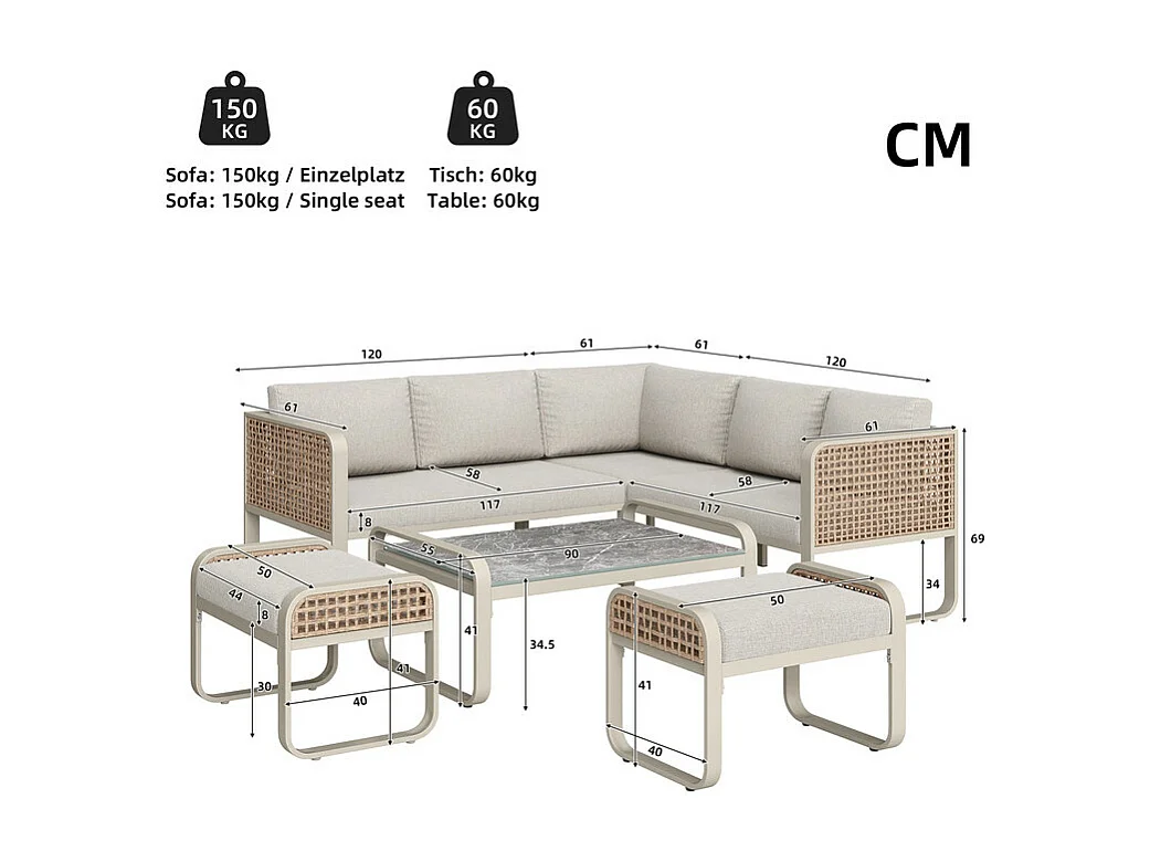 Jardim em metal para 6-7 pessoas: Sofá de canto + mesa de centro + 2 bancos, pés ajustáveis, Bege