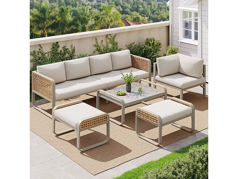 Jardim em metal para 6-7 pessoas: Sofá de canto + mesa de centro + 2 bancos, pés ajustáveis, Bege