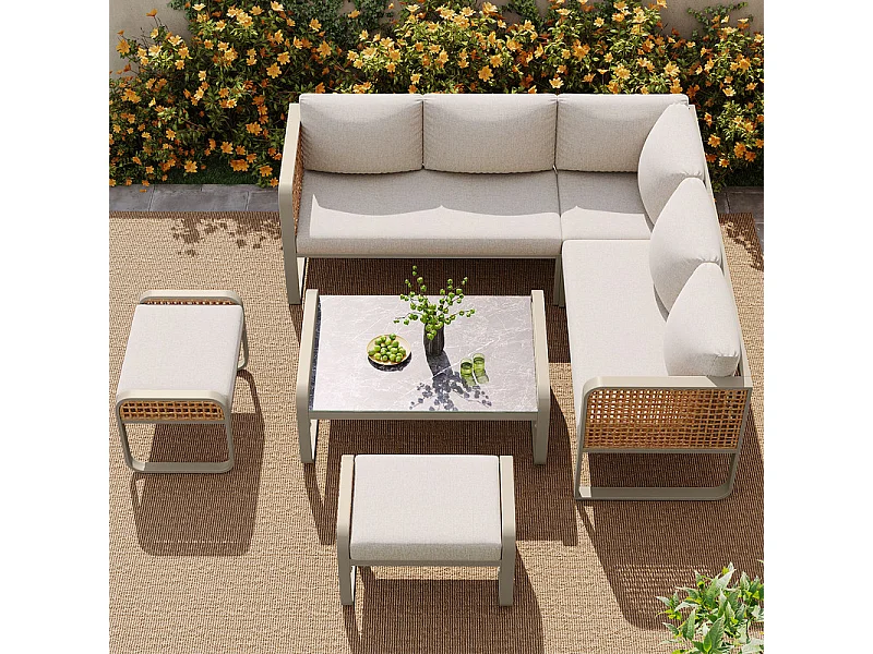Jardim em metal para 6-7 pessoas: Sofá de canto + mesa de centro + 2 bancos, pés ajustáveis, Bege