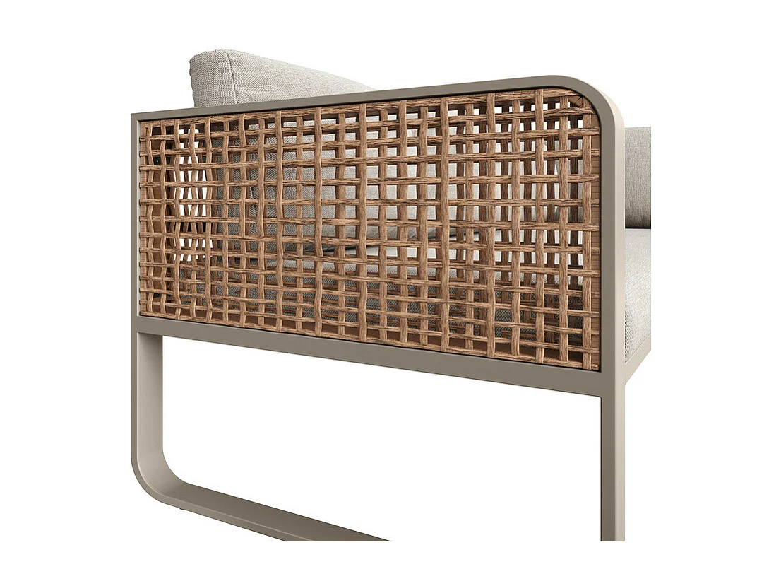 Jardim em metal para 6-7 pessoas: Sofá de canto + mesa de centro + 2 bancos, pés ajustáveis, Bege