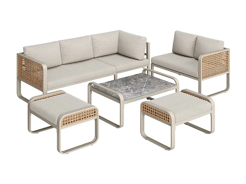 Jardim em metal para 6-7 pessoas: Sofá de canto + mesa de centro + 2 bancos, pés ajustáveis, Bege