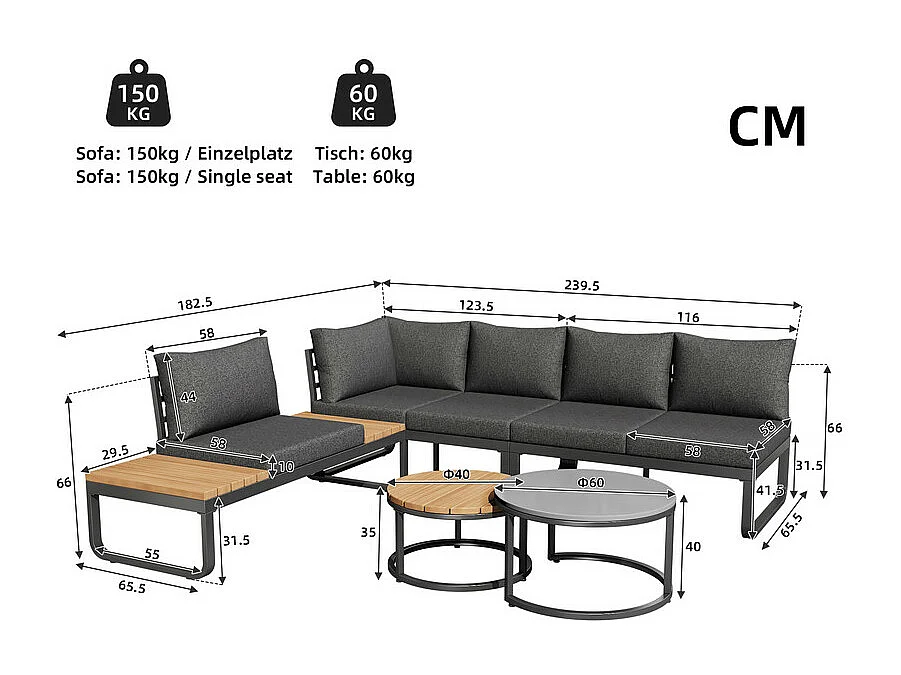 Modulaire tuin in gegalvaniseerd ijzer: 2x 2-zits banken, 1x 2-zits bank en 2 nesttafels - verstelbare poten