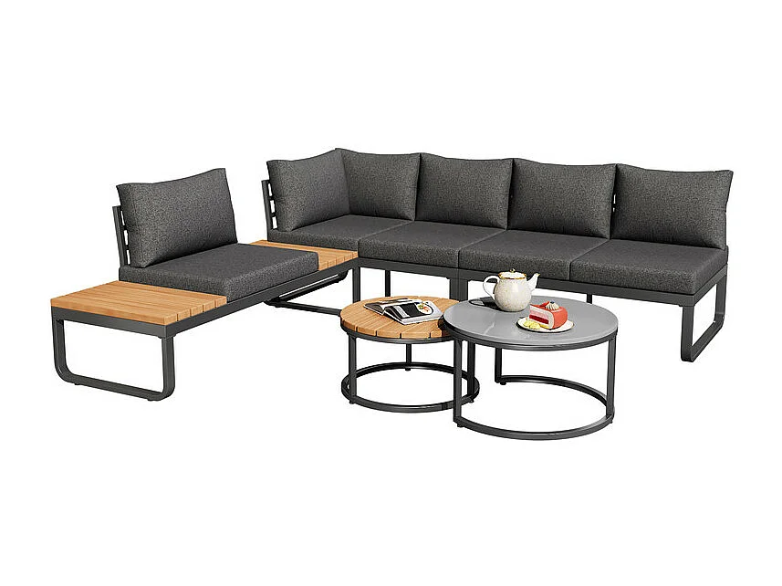 Modulaire tuin in gegalvaniseerd ijzer: 2x 2-zits banken, 1x 2-zits bank en 2 nesttafels - verstelbare poten