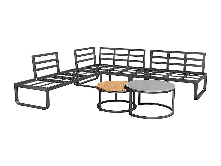 Modulaire tuin in gegalvaniseerd ijzer: 2x 2-zits banken, 1x 2-zits bank en 2 nesttafels - verstelbare poten