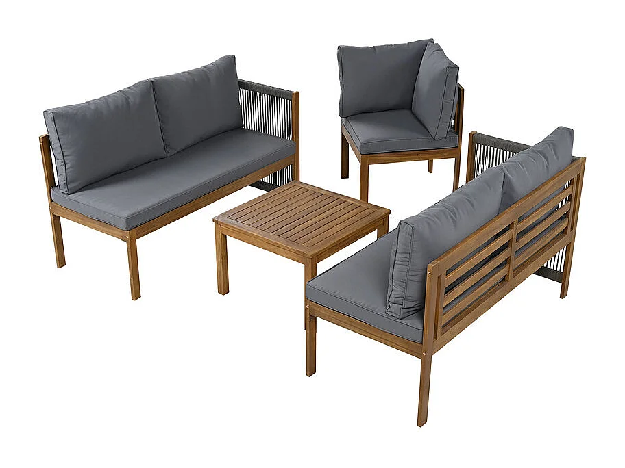 Jardim em madeira de acácia: Sofá de canto + mesa de centro - com almofadas cinzas