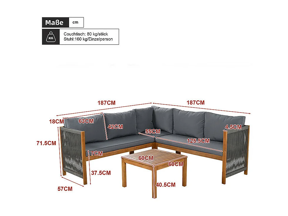 Jardim em madeira de acácia: Sofá de canto + mesa de centro - com almofadas cinzas