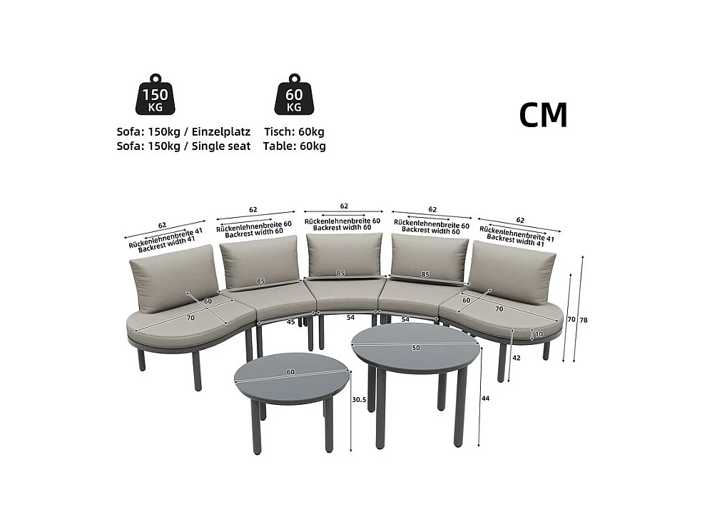 Jardín modular en metal: Sofá 5 plazas con cojines grises, 2 mesas de vidrio templado - patas ajustables