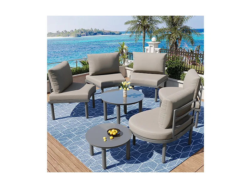 Jardín modular en metal: Sofá 5 plazas con cojines grises, 2 mesas de vidrio templado - patas ajustables