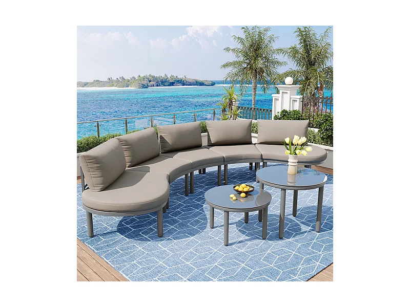 Jardín modular en metal: Sofá 5 plazas con cojines grises, 2 mesas de vidrio templado - patas ajustables