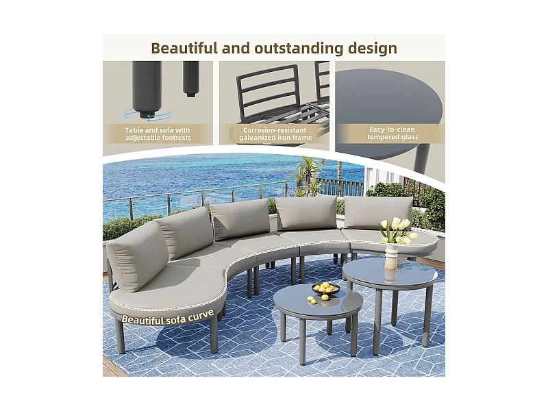 Jardín modular en metal: Sofá 5 plazas con cojines grises, 2 mesas de vidrio templado - patas ajustables