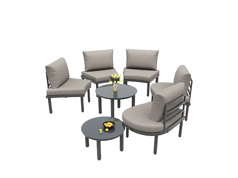 Jardín modular en metal: Sofá 5 plazas con cojines grises, 2 mesas de vidrio templado - patas ajustables