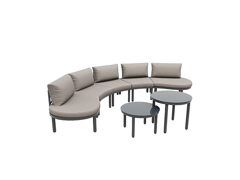 Salon de jardin modulable en metal : canapé 5 places avec gris coussins, 2 tables basses en verre durci - pieds réglables