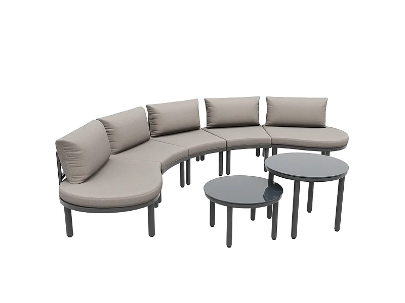 Salon de jardin modulable en metal : canapé 5 places avec gris coussins, 2 tables basses en verre durci - pieds réglables