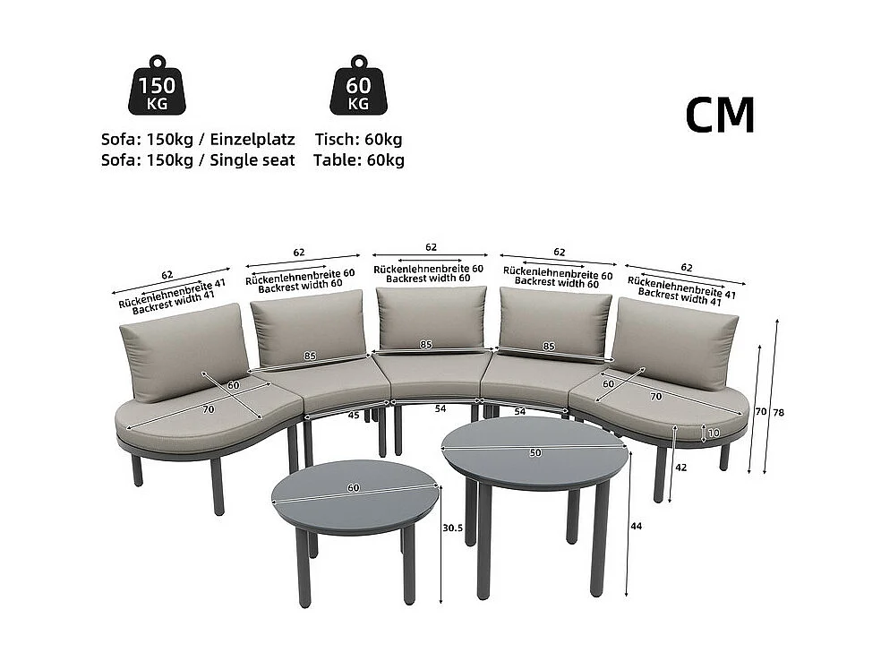 Salon de jardin modulable en metal : canapé 5 places avec gris coussins, 2 tables basses en verre durci - pieds réglables