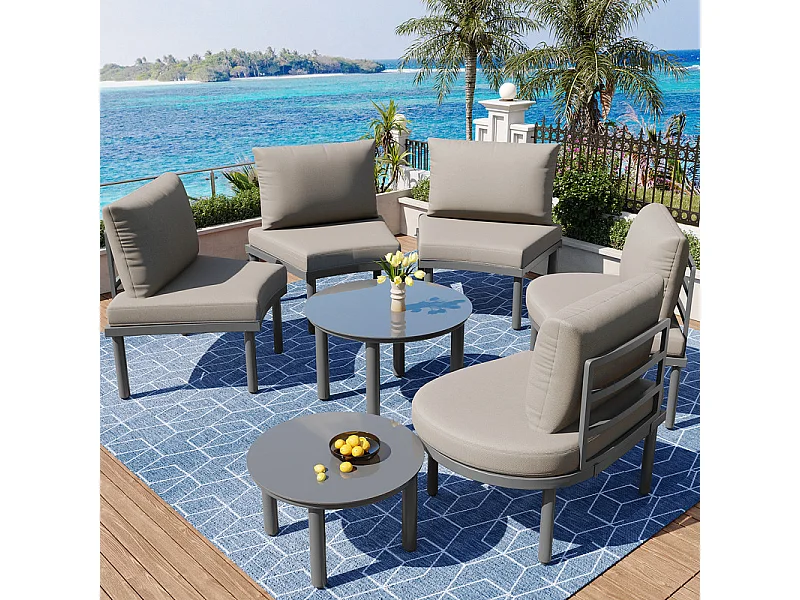 Salon de jardin modulable en metal : canapé 5 places avec gris coussins, 2 tables basses en verre durci - pieds réglables