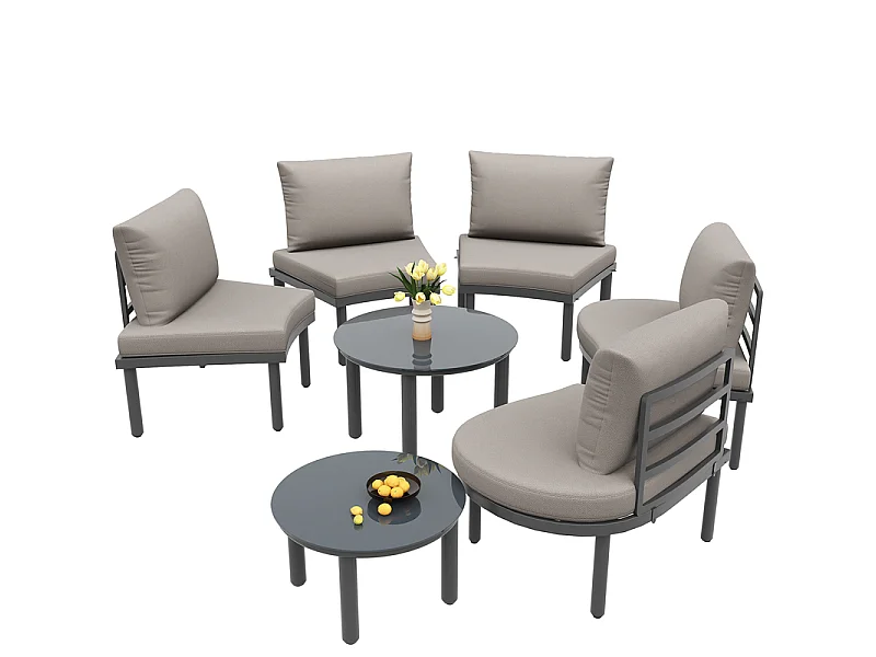 Salon de jardin modulable en metal : canapé 5 places avec gris coussins, 2 tables basses en verre durci - pieds réglables