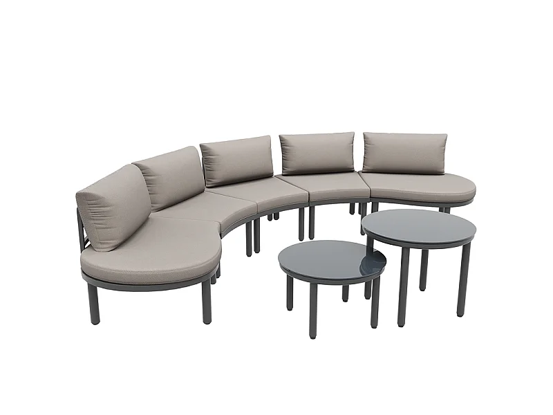 Jardín modular en metal: Sofá 5 plazas con cojines grises, 2 mesas de vidrio templado - patas ajustables