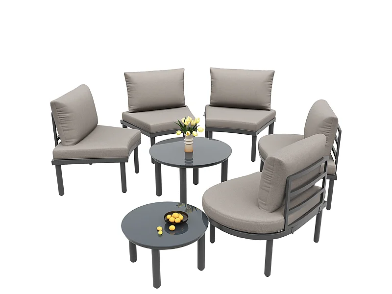 Jardín modular en metal: Sofá 5 plazas con cojines grises, 2 mesas de vidrio templado - patas ajustables