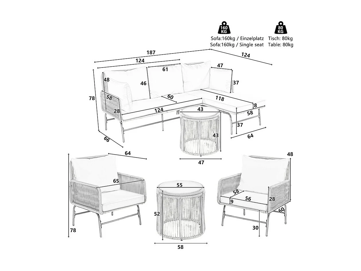 Salon de jardin en métal : canapé d'angle + 2 table basse rond + 2 fauteuils - avec coussins