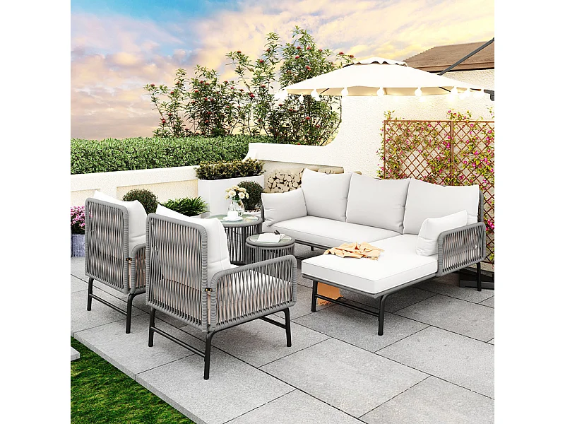 Salon de jardin en métal : canapé d'angle + 2 table basse rond + 2 fauteuils - avec coussins