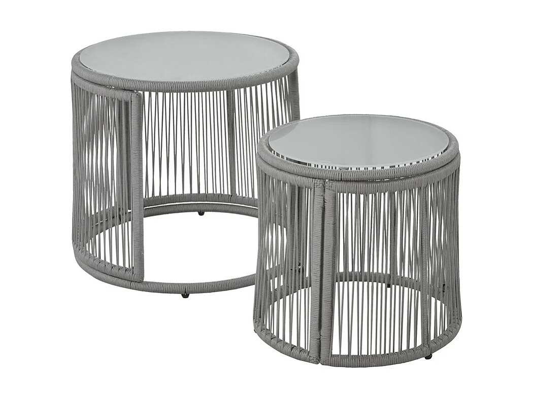 Salon de jardin en métal : canapé d'angle + 2 table basse rond + 2 fauteuils - avec coussins