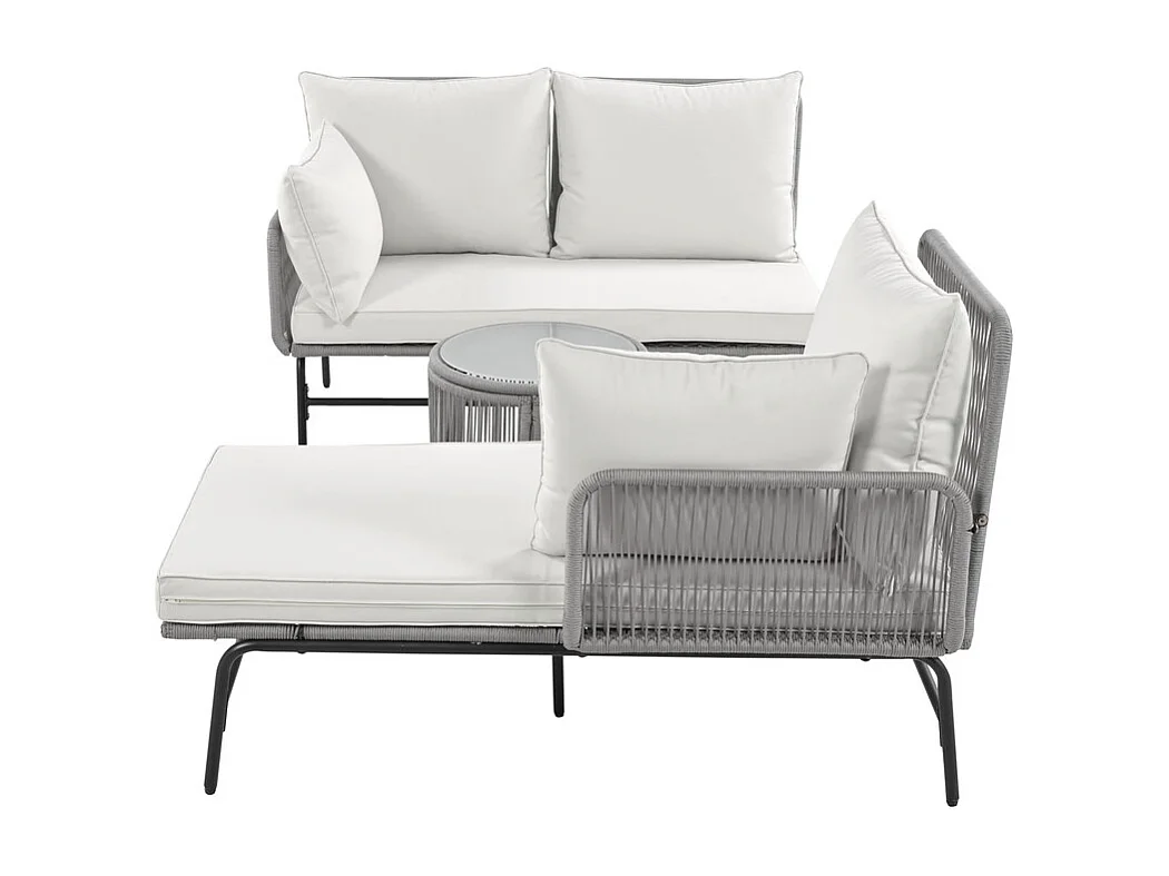 Salon de jardin en métal : canapé d'angle + 2 table basse rond + 2 fauteuils - avec coussins