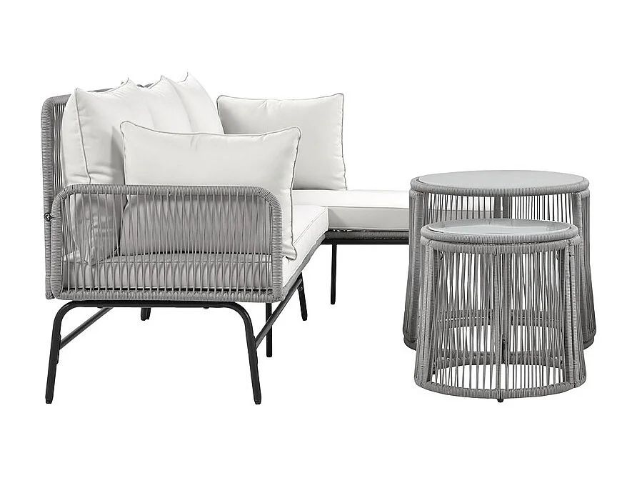 Salon de jardin en métal : canapé d'angle + 2 table basse rond + 2 fauteuils - avec coussins