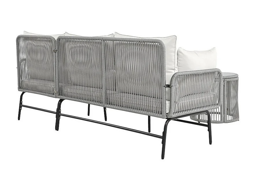 Salon de jardin en métal : canapé d'angle + 2 table basse rond + 2 fauteuils - avec coussins