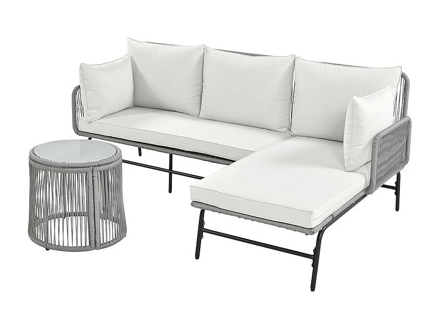 Salon de jardin en métal : canapé d'angle + 2 table basse rond + 2 fauteuils - avec coussins