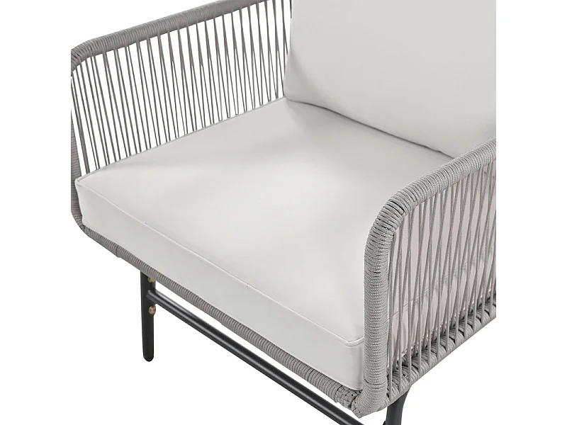 Salon de jardin en métal : canapé d'angle + 2 table basse rond + 2 fauteuils - avec coussins