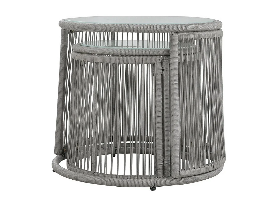 Salon de jardin en métal : canapé d'angle + 2 table basse rond + 2 fauteuils - avec coussins