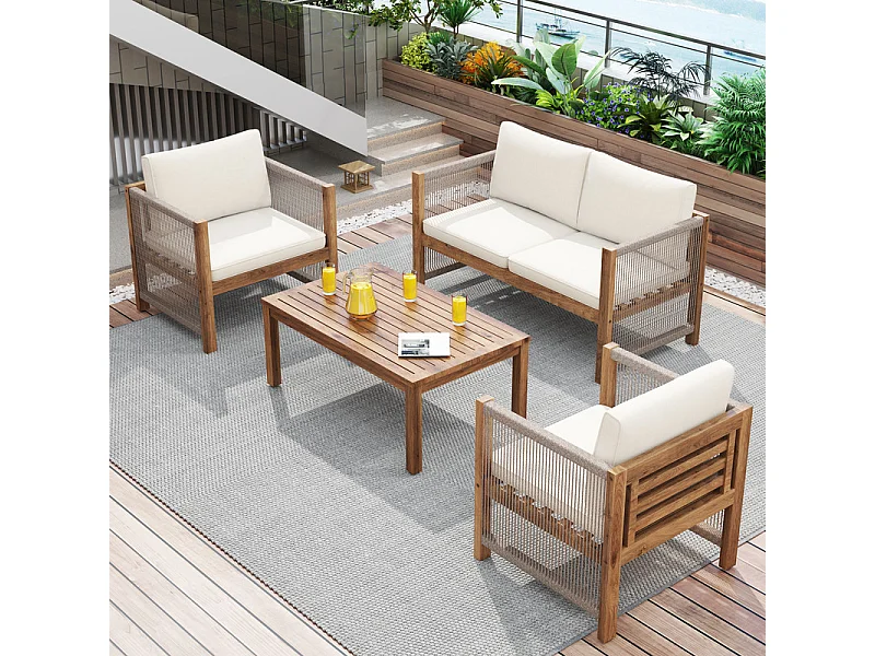 Tuin in acaciahout: 2-zits bank, 2 fauteuils en salontafel - max. belasting 160kg