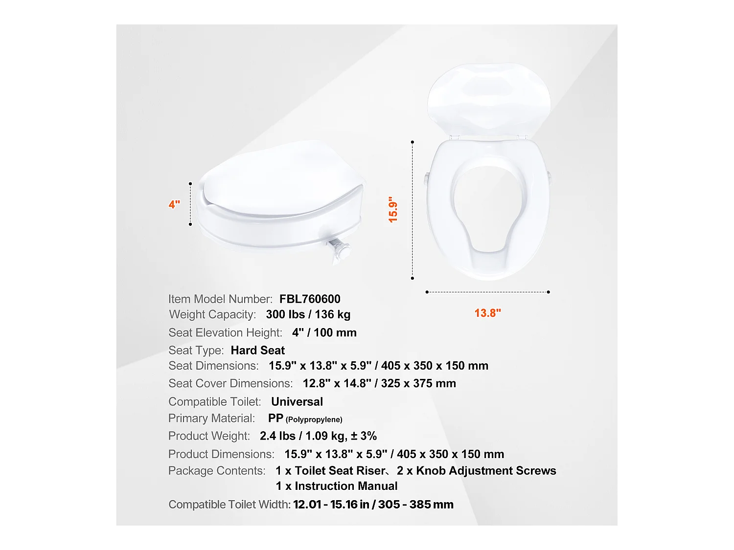 Abatente WC SucceBuy Assento de Toalete Elevado de 10.16CM, Capacidade de 136KG, Elevador de Toalete Universal, Branco