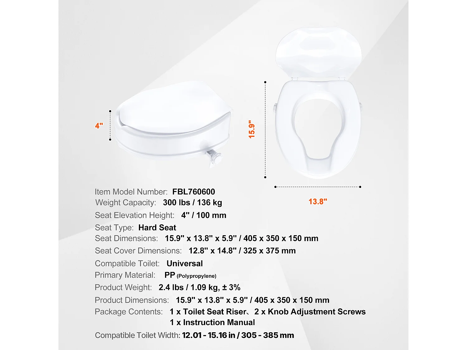 Abattant WC SucceBuy Siège de Toilette Surélevé de 10.16CM, Capacité de 136KG, Rehausseur de Toilette Universel, Blanc