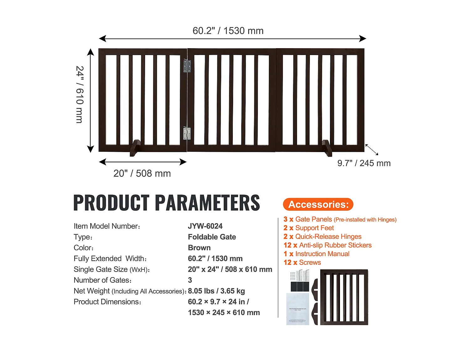Cancelletto per Cani SucceBuy,61 x 152cm,Autoportante Pieghevole, Barriera per Animali Domestici, Marrone