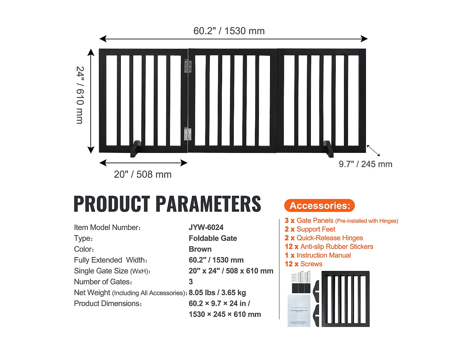 Cancelletto per Cani SucceBuy,61 x 152cm,Autoportante Pieghevole, Barriera per Animali Domestici, Marrone