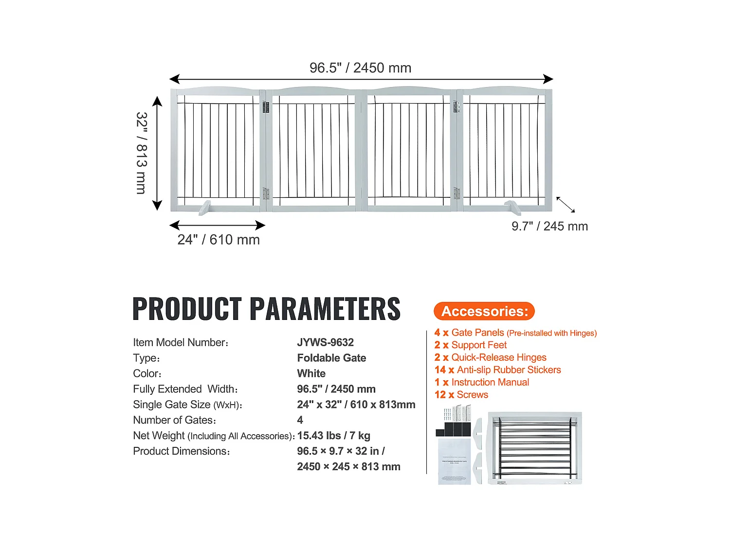 Barrière de Sécurité pour Chien Pliable SucceBuy, 81 x 245cm，Autoportante , pour Passages Larges et Étroits, Utilisation Intérieure, Blanc