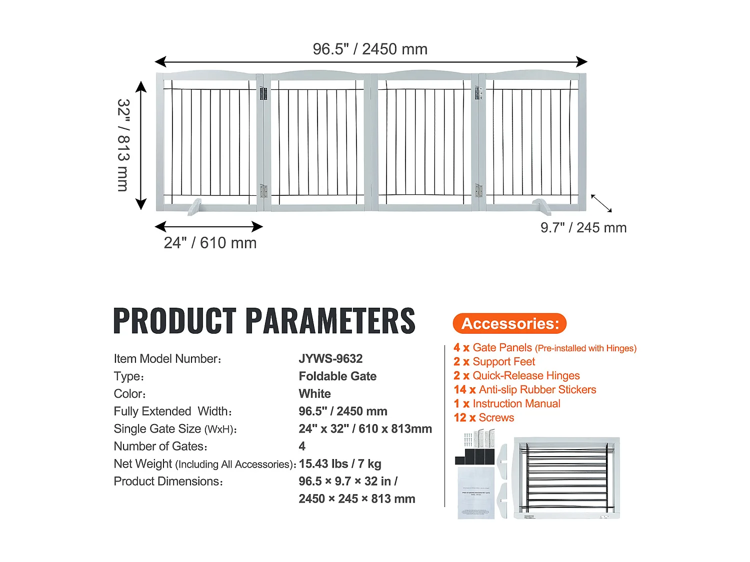 Barrière de Sécurité pour Chien Pliable SucceBuy, 81 x 245cm，Autoportante , pour Passages Larges et Étroits, Utilisation Intérieure, Blanc