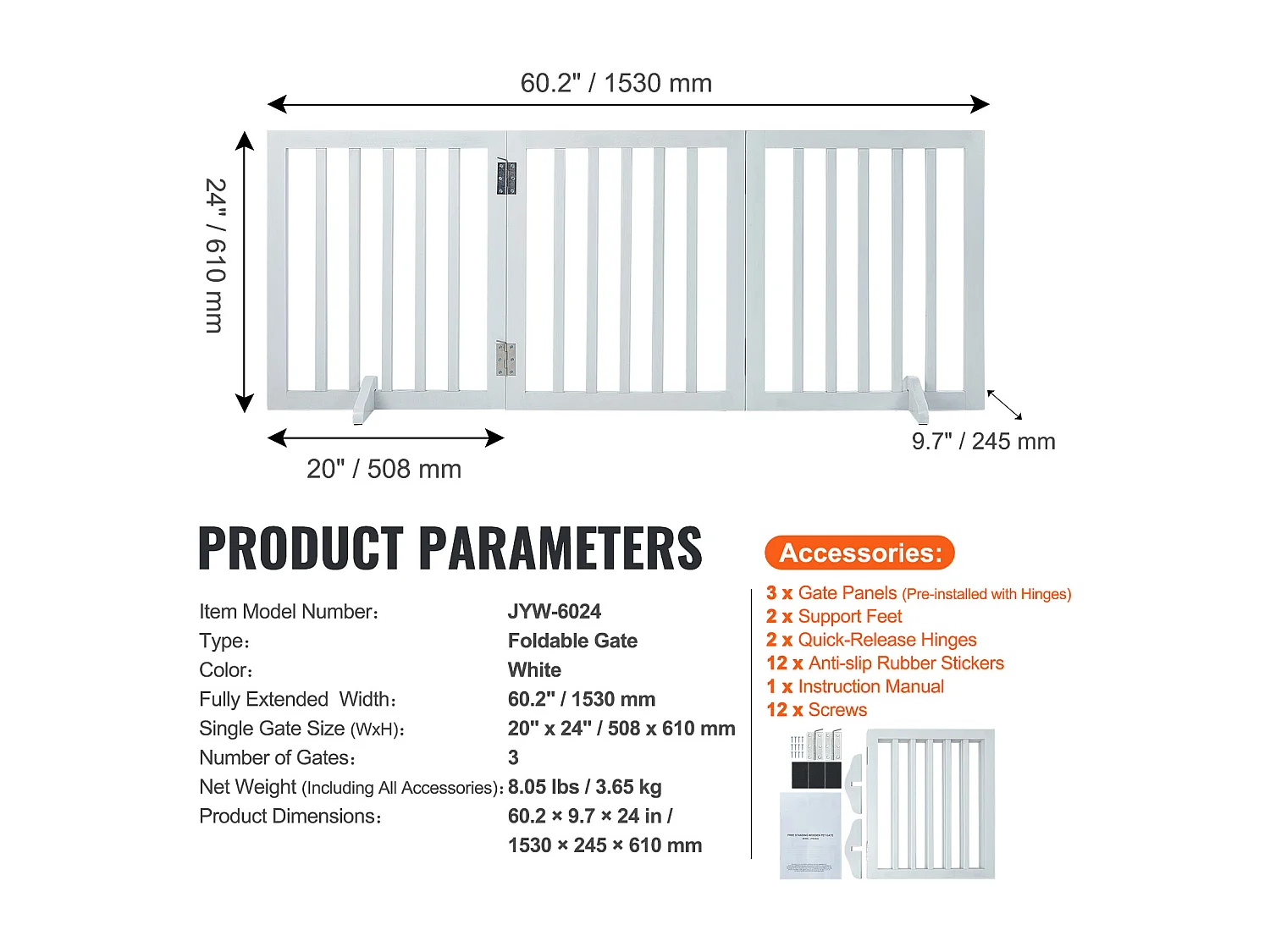 Faltbares, Freistehendes Hundetor SucceBuy,61 x 152cm, Haustiergitter,  für Breite und Enge Durchgänge, Verwendung im Innenbereich, Weiß