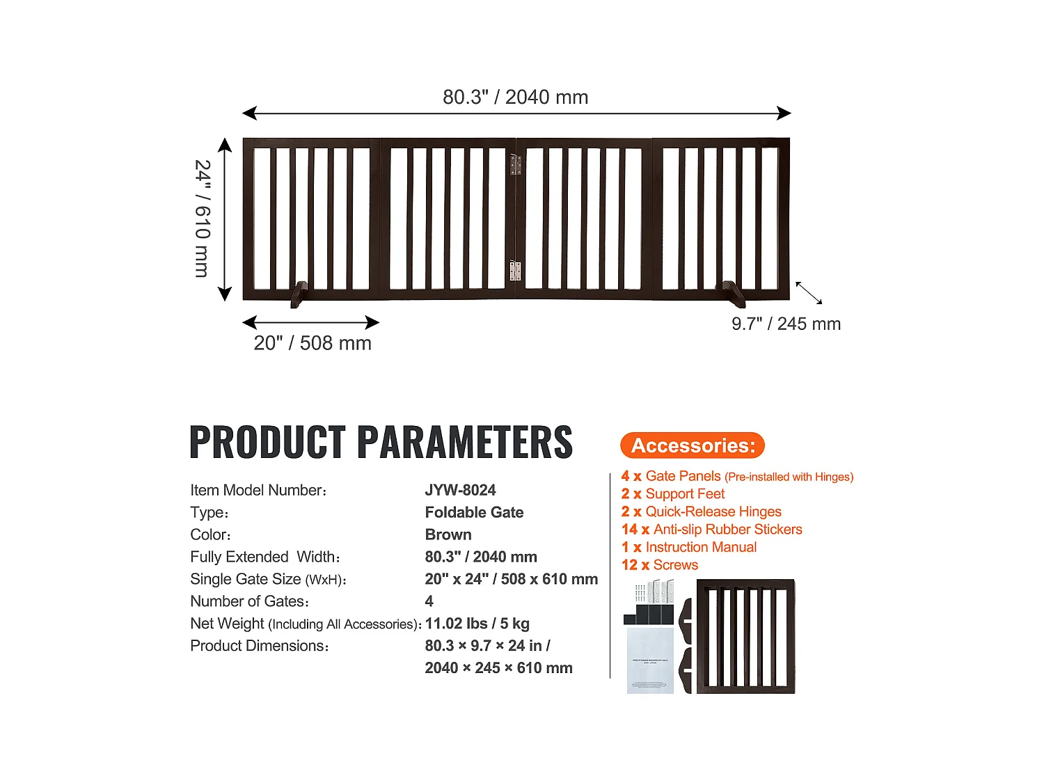 Barrière pour Chien Pliable SucceBuy，61 x 204cm, Autoportante, pour Passages Larges et Étroits, Utilisation Intérieure,  Marron