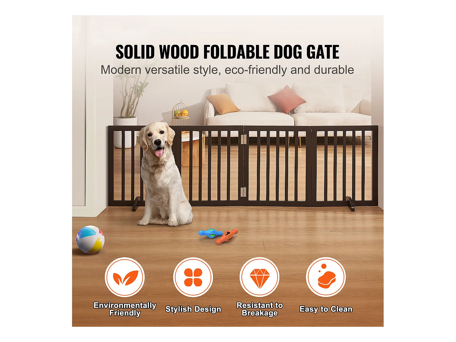 Barrière pour Chien Pliable SucceBuy，61 x 204cm, Autoportante, pour Passages Larges et Étroits, Utilisation Intérieure,  Marron