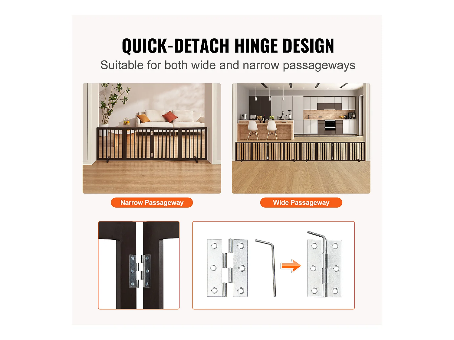 Barrière pour Chien Pliable SucceBuy，61 x 204cm, Autoportante, pour Passages Larges et Étroits, Utilisation Intérieure,  Marron