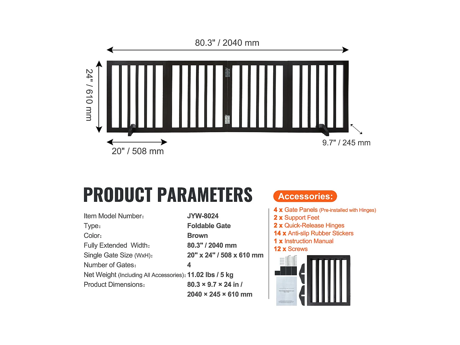 Barrière pour Chien Pliable SucceBuy，61 x 204cm, Autoportante, pour Passages Larges et Étroits, Utilisation Intérieure,  Marron