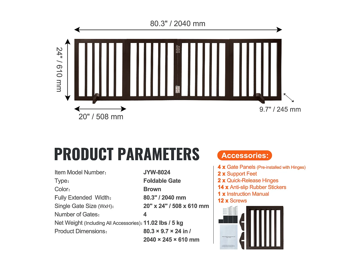 Barrière pour Chien Pliable SucceBuy，61 x 204cm, Autoportante, pour Passages Larges et Étroits, Utilisation Intérieure,  Marron