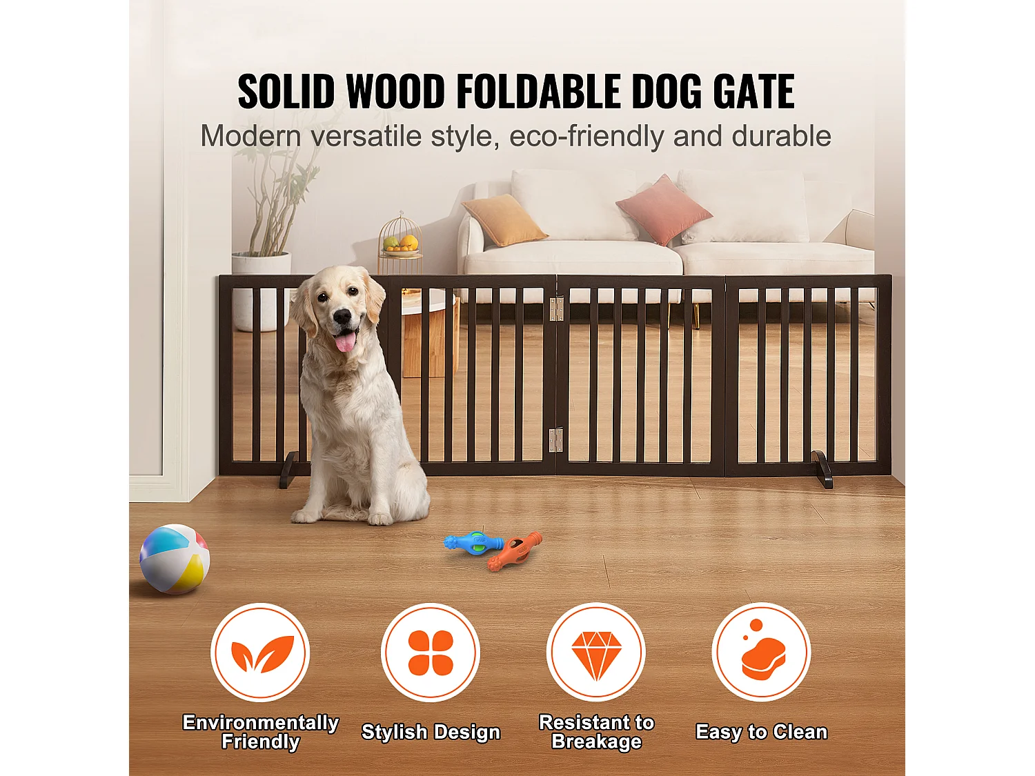 Barrière pour Chien Pliable SucceBuy，61 x 204cm, Autoportante, pour Passages Larges et Étroits, Utilisation Intérieure,  Marron