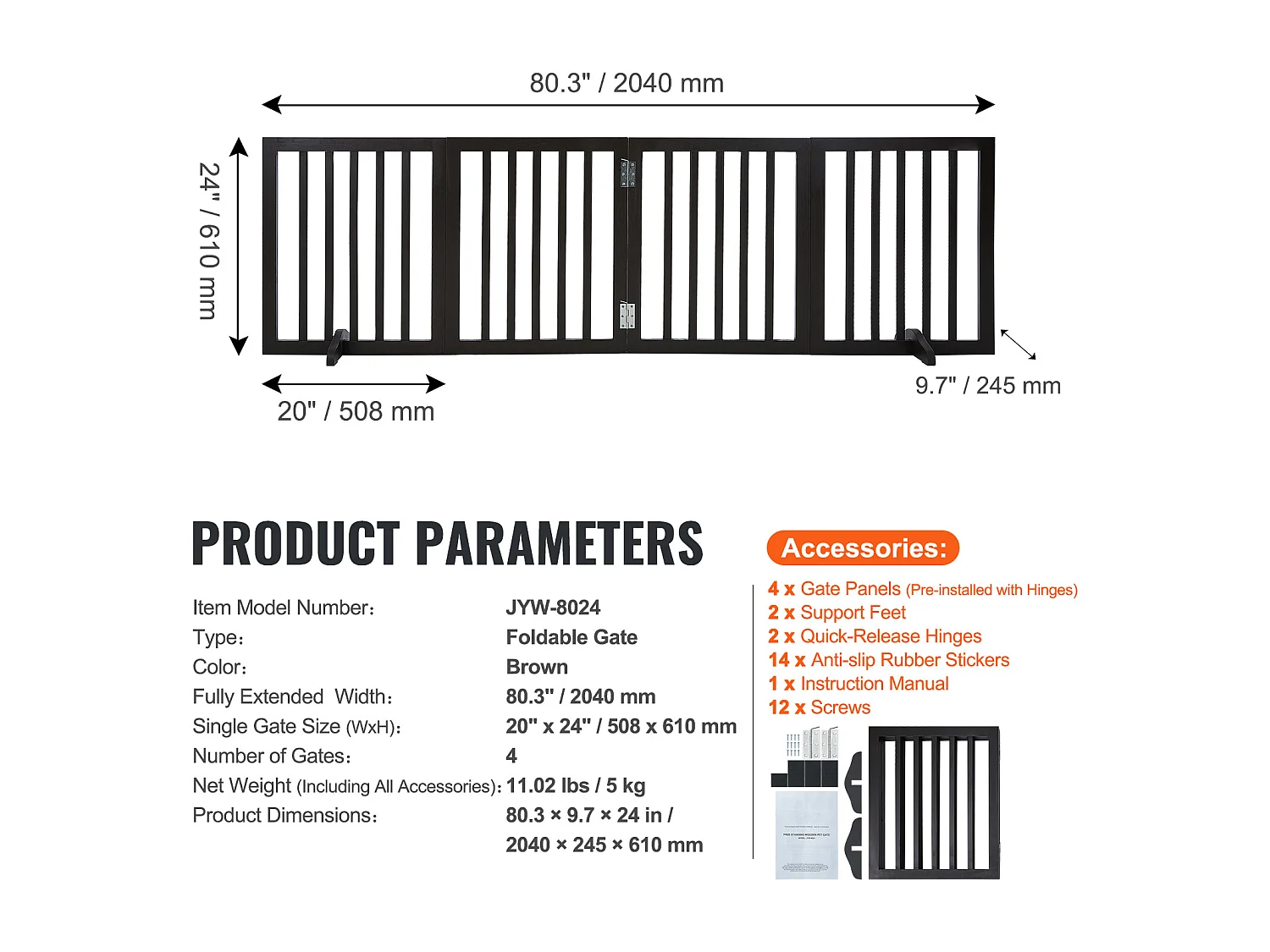 Barrière pour Chien Pliable SucceBuy，61 x 204cm, Autoportante, pour Passages Larges et Étroits, Utilisation Intérieure,  Marron